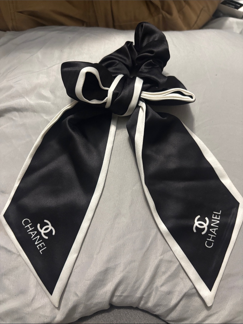 CHANEL Black and White Logo Ribbon Scrunchie
